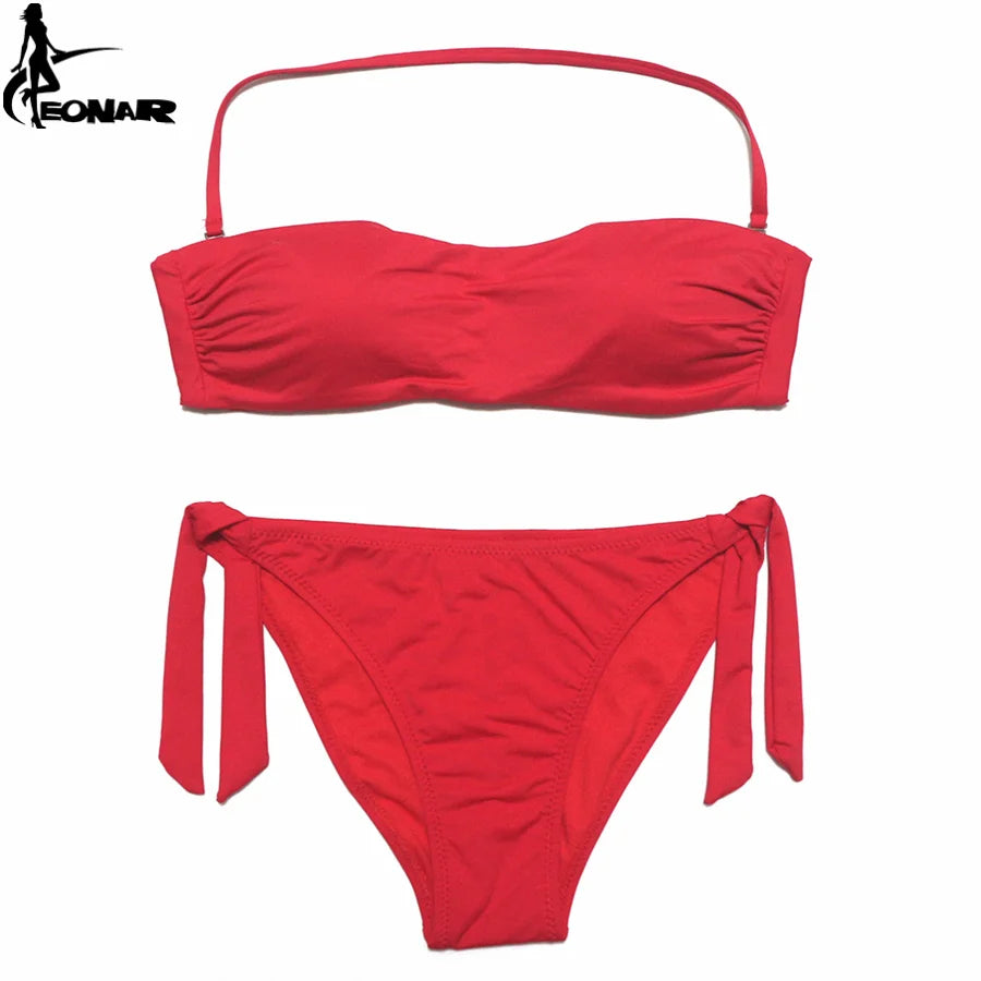 Dusty Rose Bandeau Bikini Set with Ruching and Tie-Side Bottoms