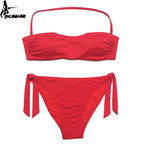 Dusty Rose Bandeau Bikini Set with Ruching and Tie-Side Bottoms