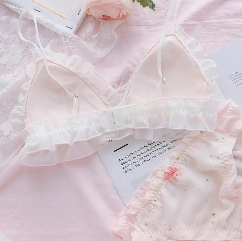 Black Star Print Wire-Free Bra and Ruffled Panty Set with Gold Accents