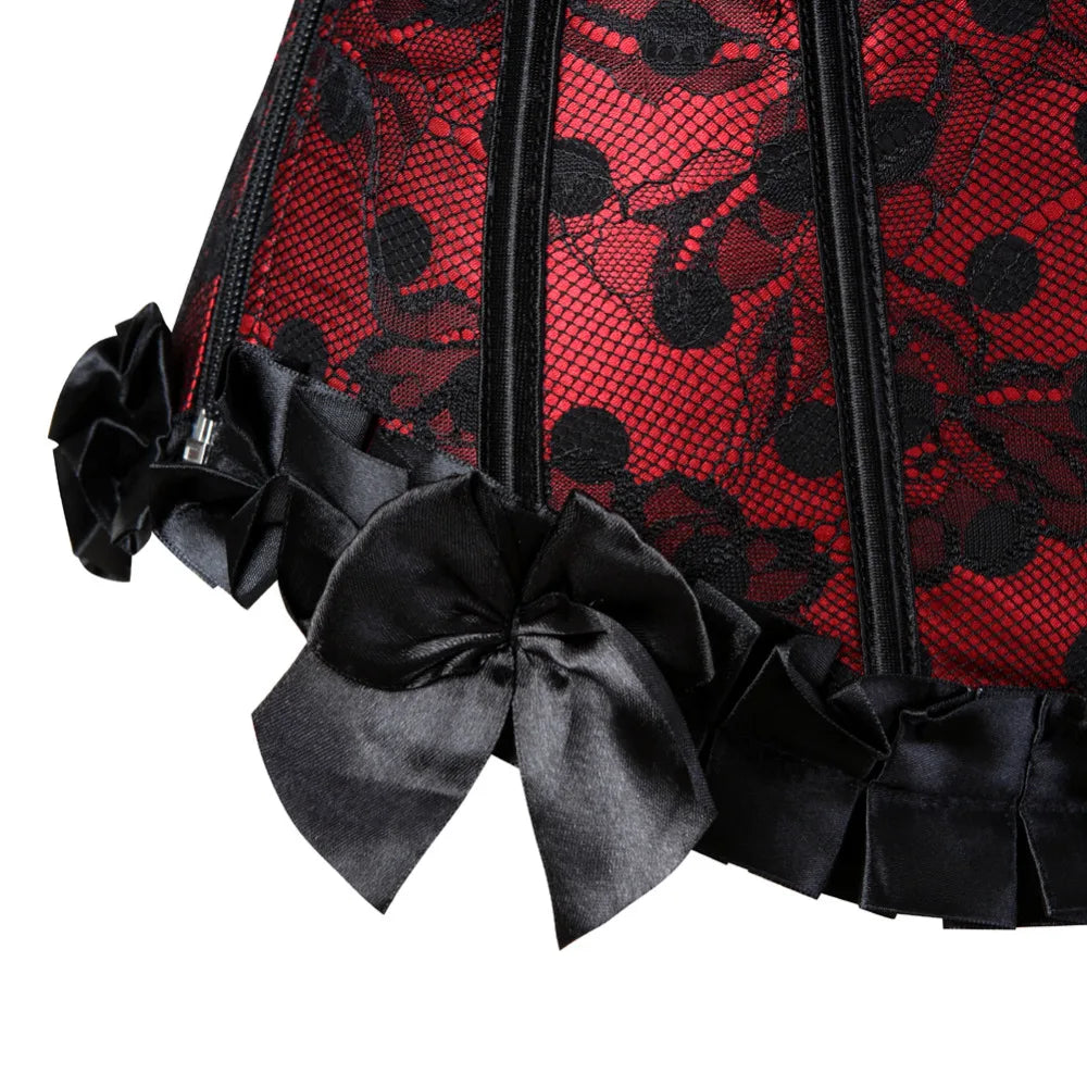 Red and Black Polka Dot Overbust Corset with Lace Overlay and Ruffled Trim