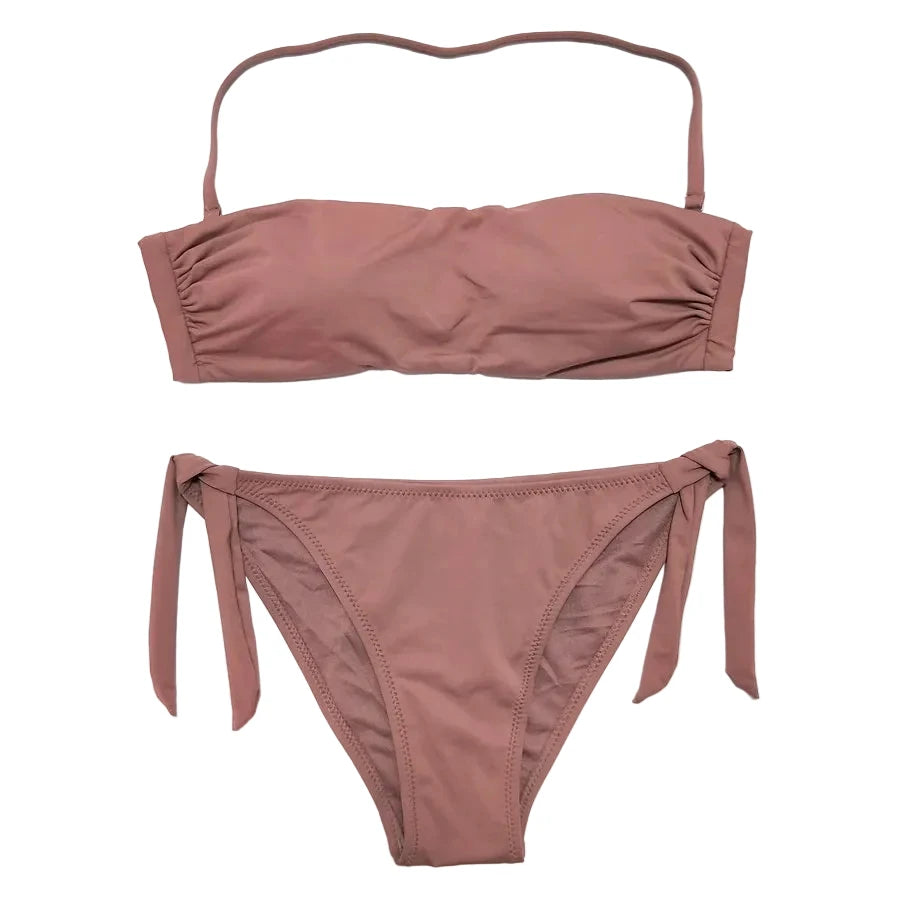 Dusty Rose Bandeau Bikini Set with Ruching and Tie-Side Bottoms