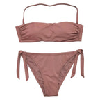 Dusty Rose Bandeau Bikini Set with Ruching and Tie-Side Bottoms