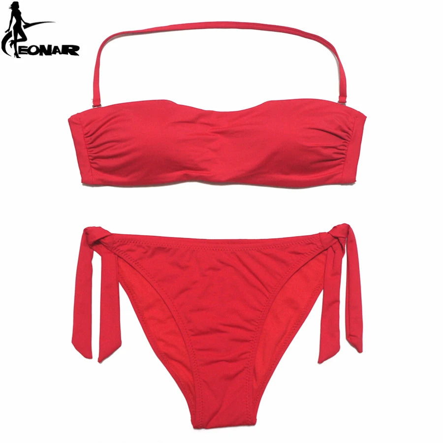 Dusty Rose Bandeau Bikini Set with Ruching and Tie-Side Bottoms