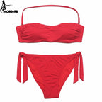 Dusty Rose Bandeau Bikini Set with Ruching and Tie-Side Bottoms