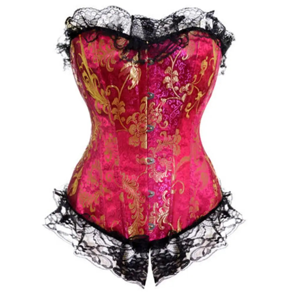 Vintage Brocade Corset Top with Buckle Accents and Lace-Up Back Design