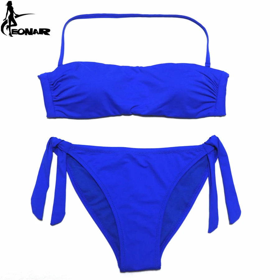 Dusty Rose Bandeau Bikini Set with Ruching and Tie-Side Bottoms