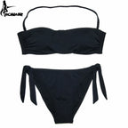 Dusty Rose Bandeau Bikini Set with Ruching and Tie-Side Bottoms