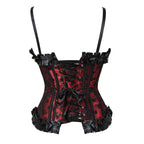 Red and Black Polka Dot Overbust Corset with Lace Overlay and Ruffled Trim