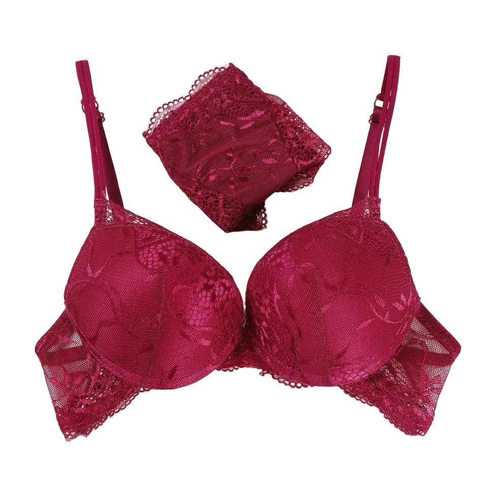 Deep Crimson Floral Lace Push-Up Bra and Coordinated Panty Set