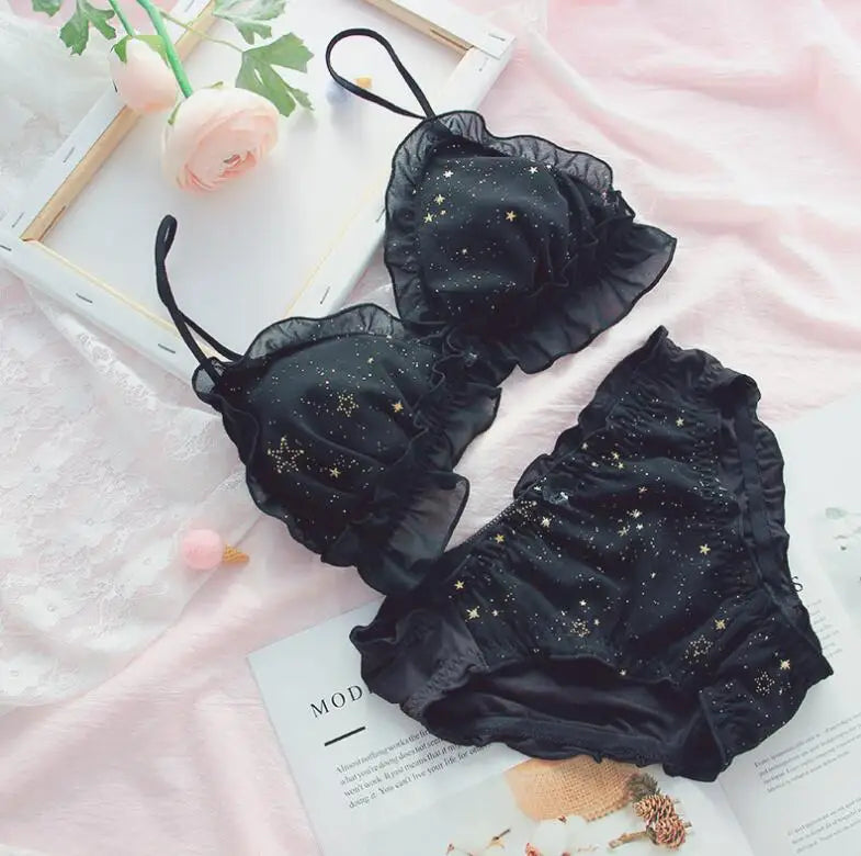 Black Star Print Wire-Free Bra and Ruffled Panty Set with Gold Accents