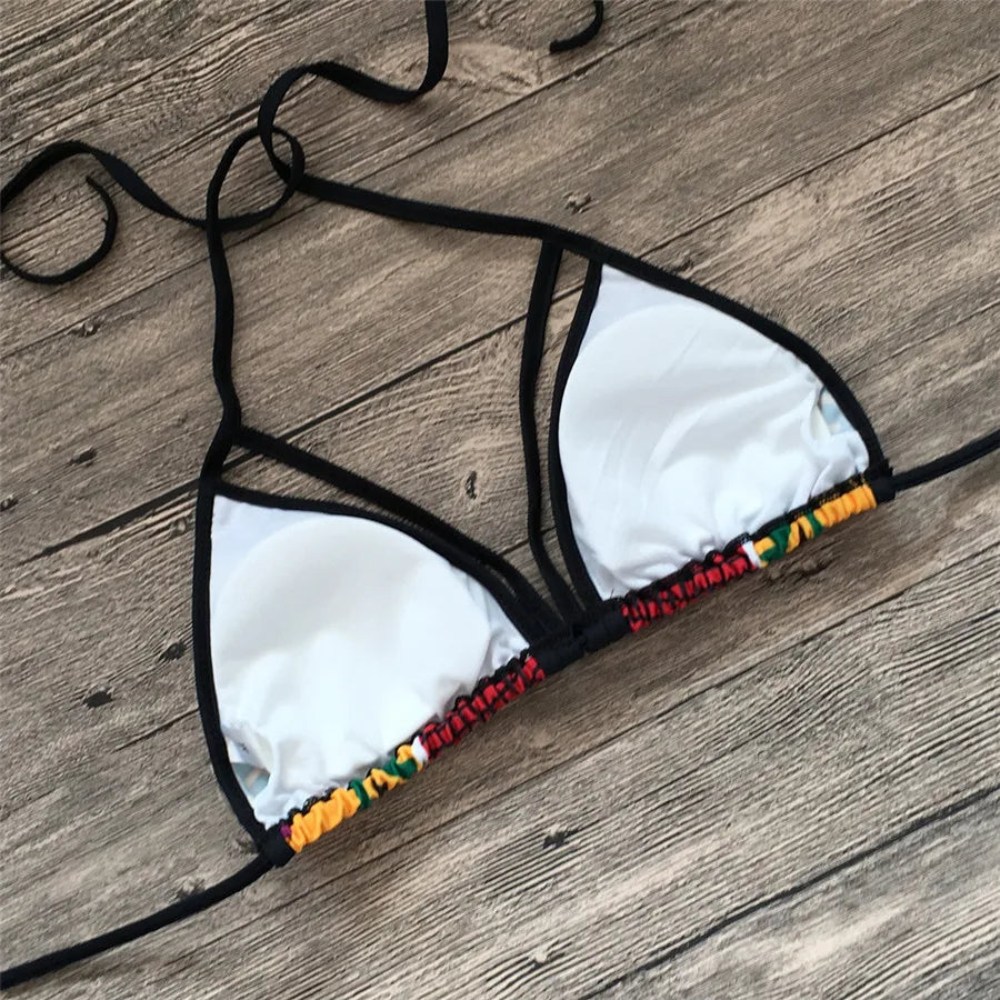 Vibrant Geometric Print High-Waisted Bikini with Strappy Cutout Details