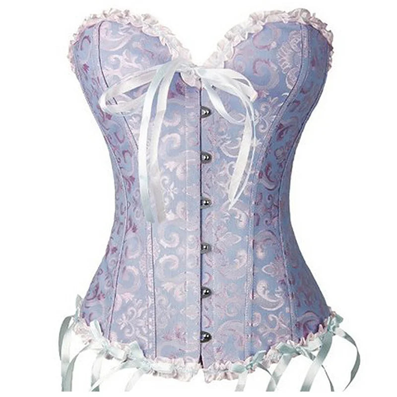 Vintage Brocade Corset Top with Buckle Accents and Lace-Up Back Design