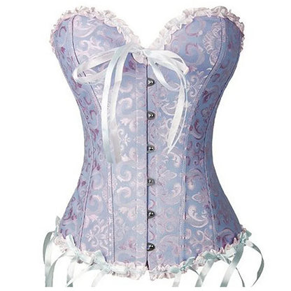 Vintage Brocade Corset Top with Buckle Accents and Lace-Up Back Design