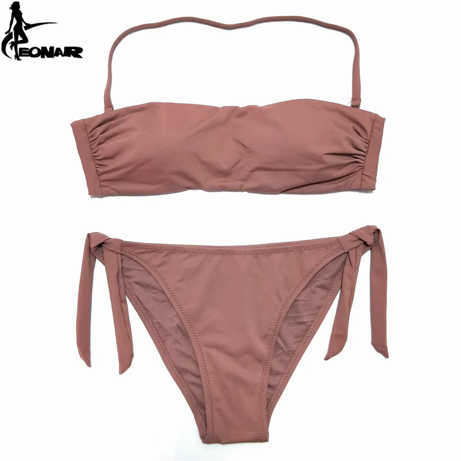 Dusty Rose Bandeau Bikini Set with Ruching and Tie-Side Bottoms