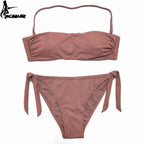 Dusty Rose Bandeau Bikini Set with Ruching and Tie-Side Bottoms