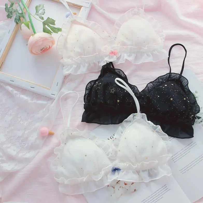 Black Star Print Wire-Free Bra and Ruffled Panty Set with Gold Accents