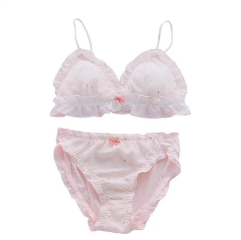 Black Star Print Wire-Free Bra and Ruffled Panty Set with Gold Accents