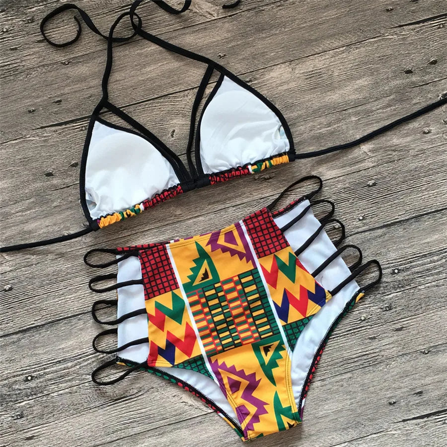 Vibrant Geometric Print High-Waisted Bikini with Strappy Cutout Details