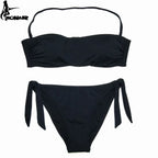 Dusty Rose Bandeau Bikini Set with Ruching and Tie-Side Bottoms