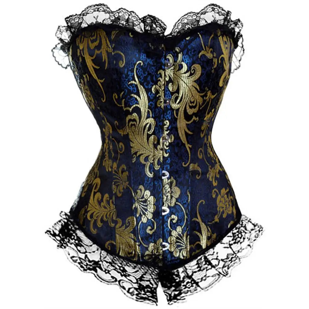 Vintage Brocade Corset Top with Buckle Accents and Lace-Up Back Design