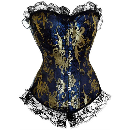 Vintage Brocade Corset Top with Buckle Accents and Lace-Up Back Design