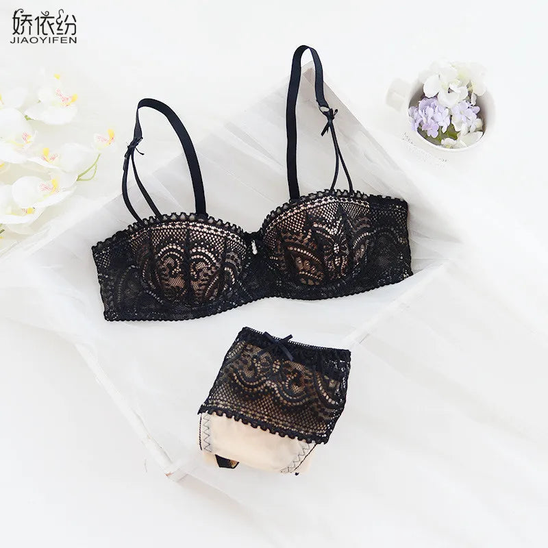 Elegant Eyelash Lace Half-Cup Balconette Bra and Panty Ensemble