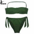 Dusty Rose Bandeau Bikini Set with Ruching and Tie-Side Bottoms