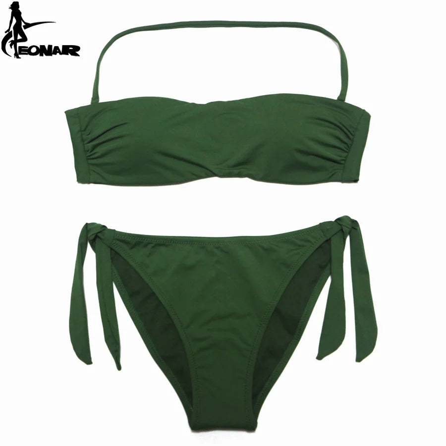 Dusty Rose Bandeau Bikini Set with Ruching and Tie-Side Bottoms