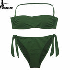 Dusty Rose Bandeau Bikini Set with Ruching and Tie-Side Bottoms