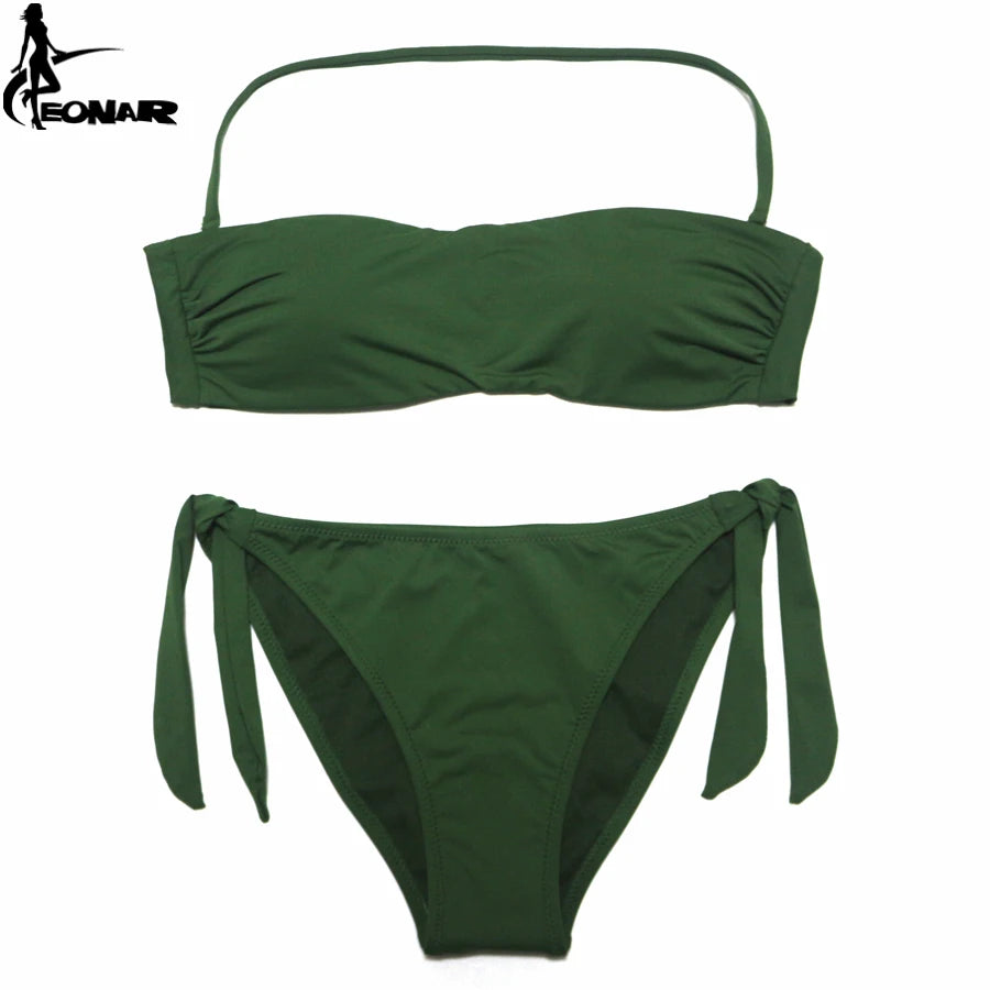 Dusty Rose Bandeau Bikini Set with Ruching and Tie-Side Bottoms