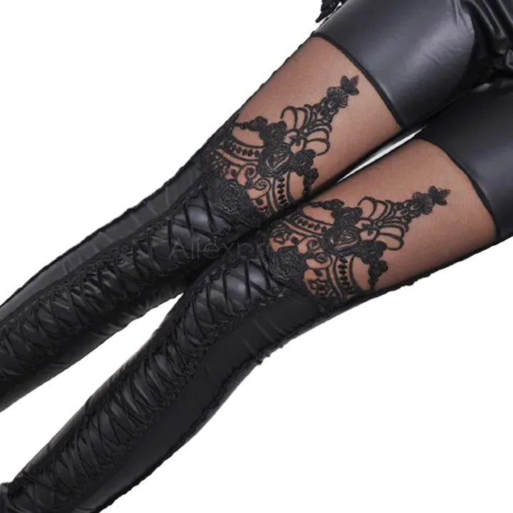 Floral Lace Panel Faux Leather Look Leggings Alternative Fashion Bottoms