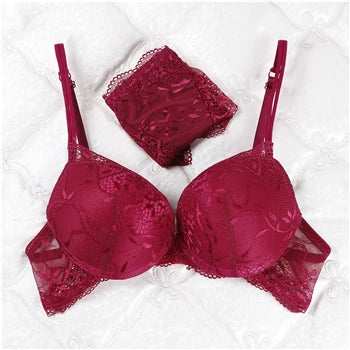 Deep Crimson Floral Lace Push-Up Bra and Coordinated Panty Set
