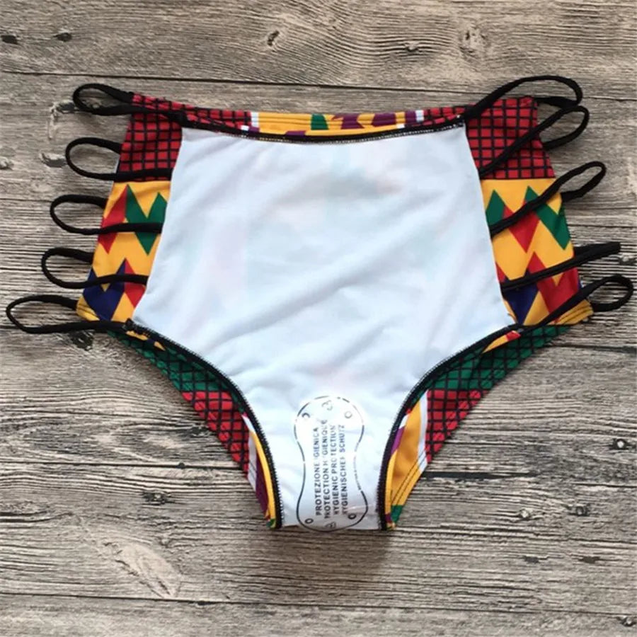 Vibrant Geometric Print High-Waisted Bikini with Strappy Cutout Details