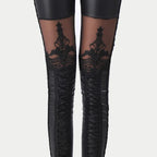 Floral Lace Panel Faux Leather Look Leggings Alternative Fashion Bottoms