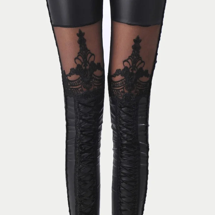 Floral Lace Panel Faux Leather Look Leggings Alternative Fashion Bottoms