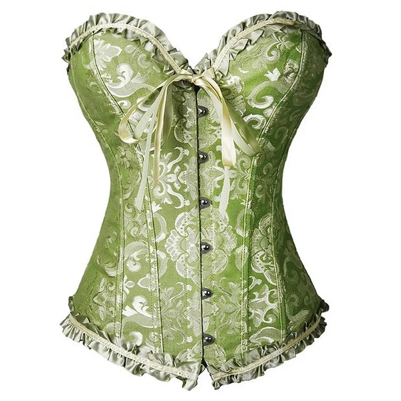 Vintage Brocade Corset Top with Buckle Accents and Lace-Up Back Design