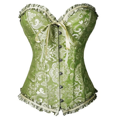 Vintage Brocade Corset Top with Buckle Accents and Lace-Up Back Design