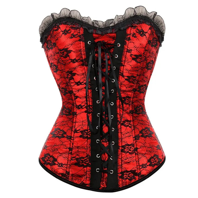 Dramatic Red and Black Lace Overbust Corset with Sweetheart Neckline and Front Busk