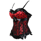 Red and Black Polka Dot Overbust Corset with Lace Overlay and Ruffled Trim