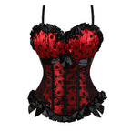 Red and Black Polka Dot Overbust Corset with Lace Overlay and Ruffled Trim