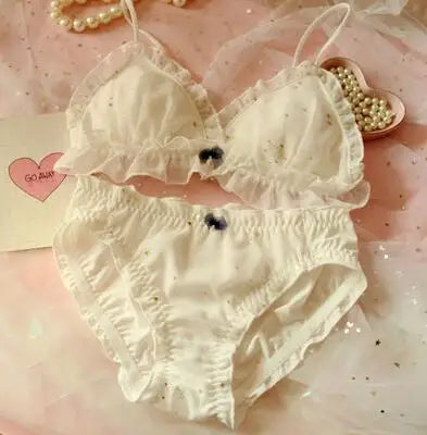 Black Star Print Wire-Free Bra and Ruffled Panty Set with Gold Accents
