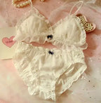 Black Star Print Wire-Free Bra and Ruffled Panty Set with Gold Accents