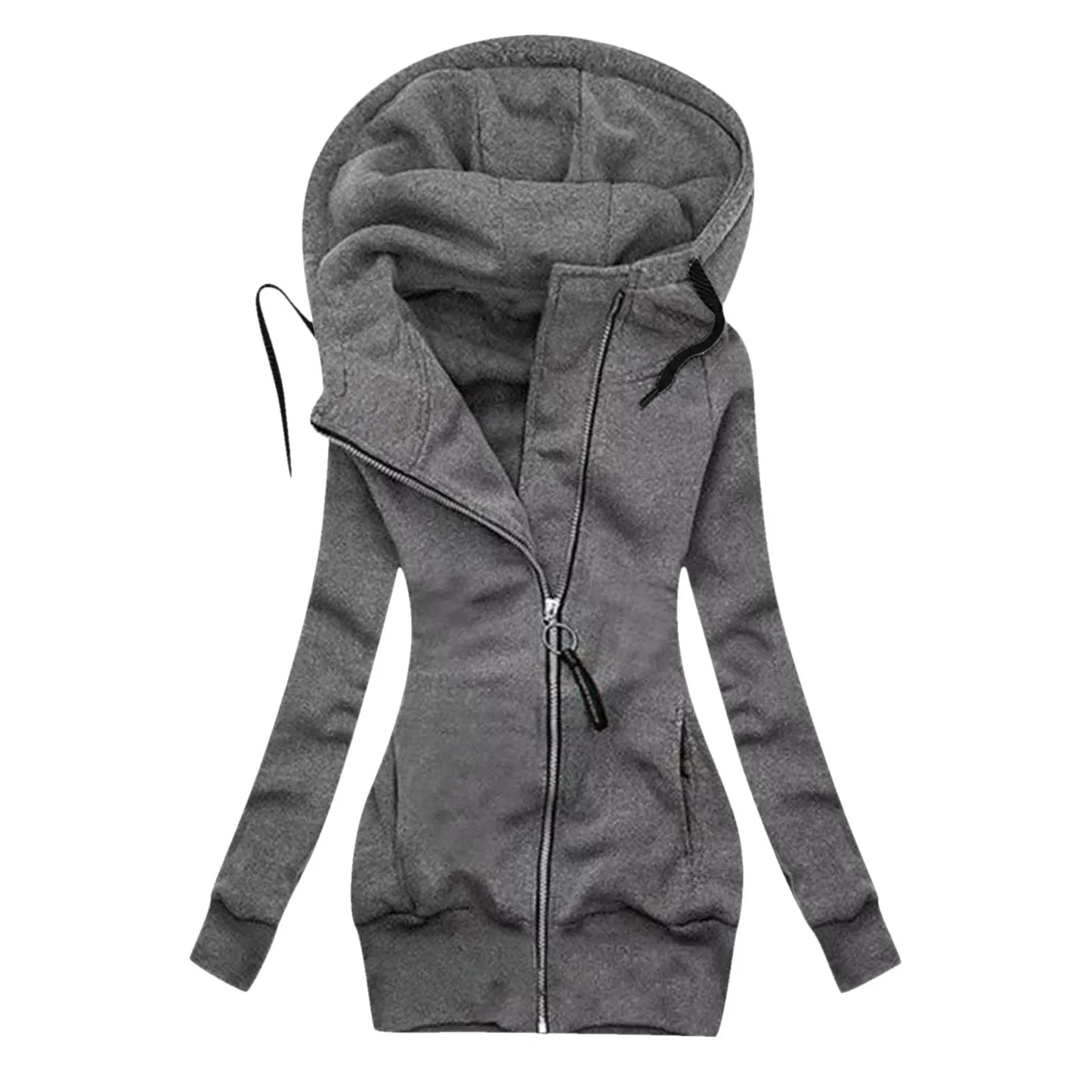 Women's Long Hooded Zip Jacket with Slim Fit Everyday Streetwear Layering Design