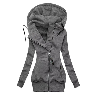 Women's Long Hooded Zip Jacket with Slim Fit Everyday Streetwear Layering Design