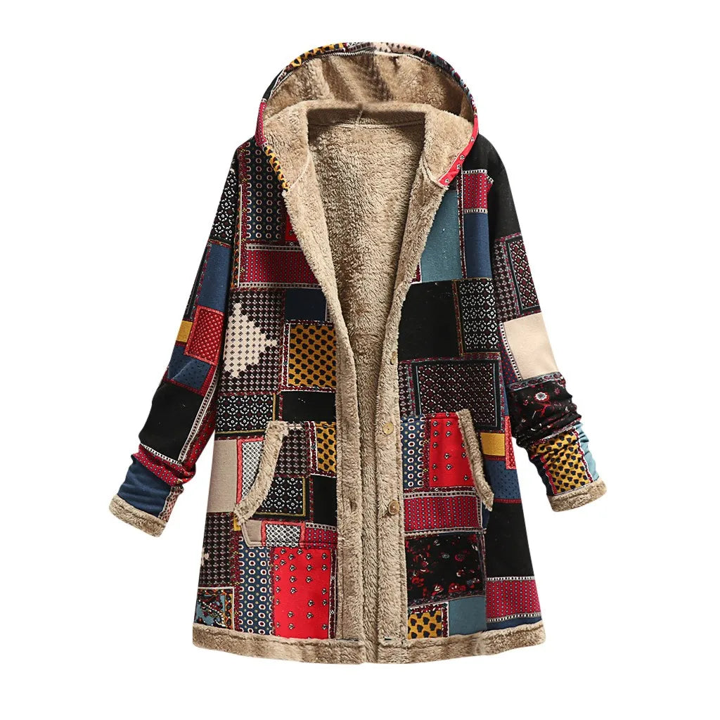Women's Oversized Hooded Patchwork Sherpa Lined Utility Jacket with Button Front Streetwear Style