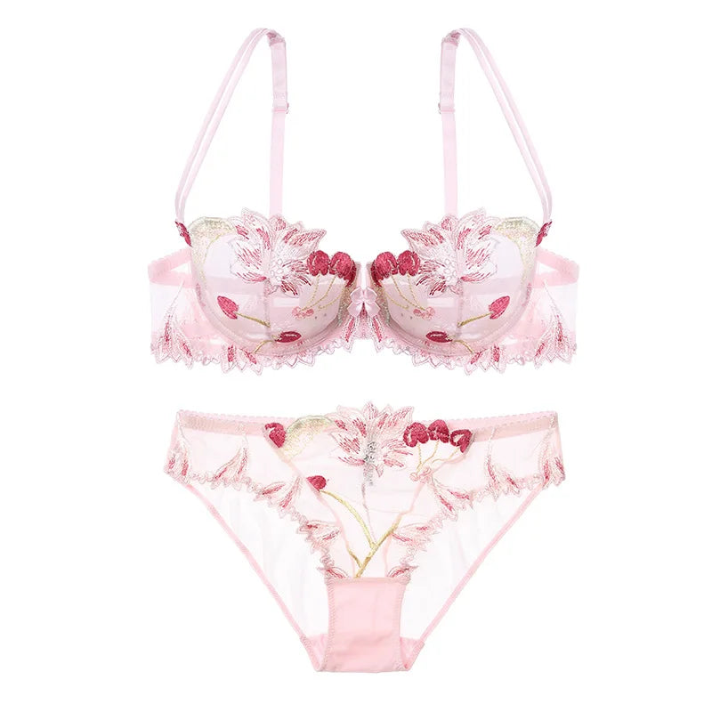 Ethereal Light Blue Sheer Mesh and Floral Embroidery Lingerie Set