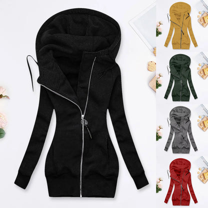 Women's Long Hooded Zip Jacket with Slim Fit Everyday Streetwear Layering Design