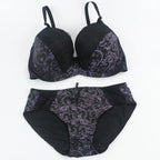 Bold Crimson and Black Floral Lace Push-Up Bra and Panty Set