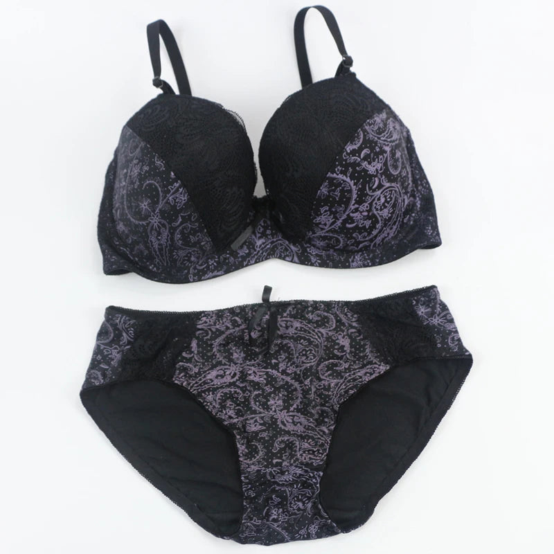 Bold Crimson and Black Floral Lace Push-Up Bra and Panty Set