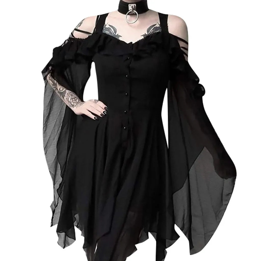Dark Romantic Off-the-Shoulder Gothic Midi Dress with Dramatic Flowing Sleeves